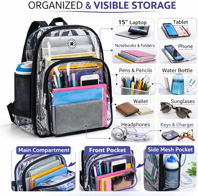 K-Cliffs Large Transparent Backpack Clear Heavy Duty School Bag Durable Student Bookbag See Through Vinyl Daypack Workbag