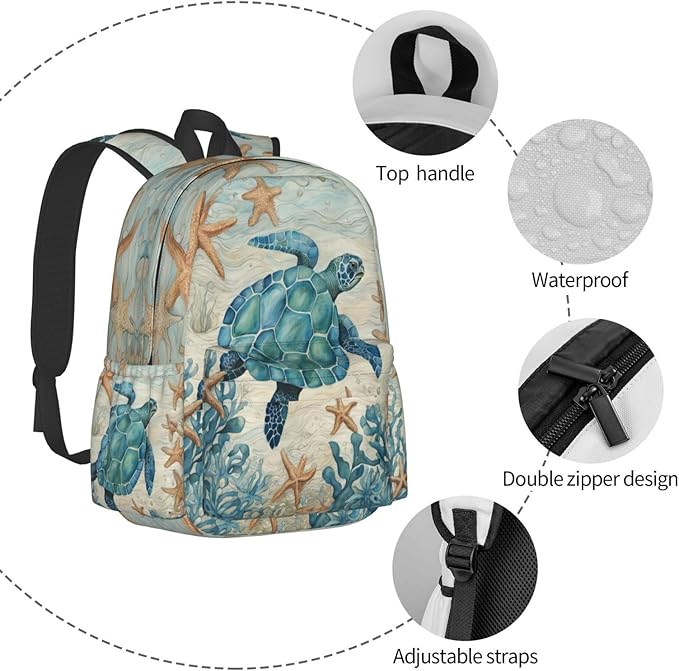 cfpolar 17 Inch Backpack Vintage Sea Turtle Starfish Laptop Bag Shoulder Bag School Bookbag Casual Daypack For Boys Girls