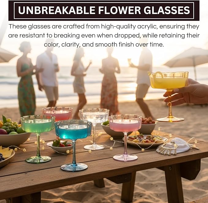 Khen Shatterproof Acrylic Flower Wavy Vintage Art Deco Martini, Champagne & Cocktail Muted Pastel Color Plastic Tritan Coupe Glasses | 6 Set | 8.5oz Glassware Classic Cocktail Indoor & Outdoor Set