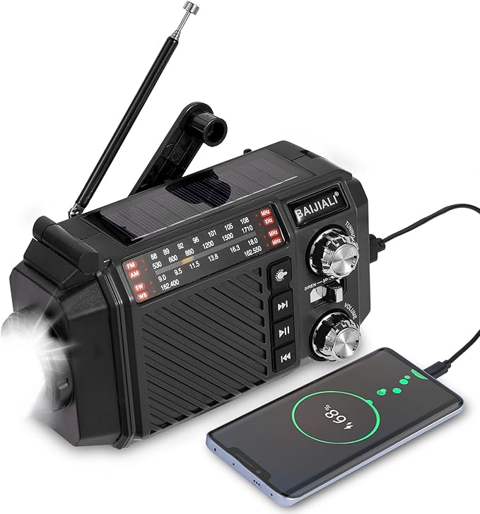 Hand Crank Emergency Weather Radio with 2600mAh/9620mWh Power Bank, NOAA AM FM Shortwave Portable Radio, Solar & USB-C Charging, Flashlight, SOS Alarm for Emergency Kits (Black)