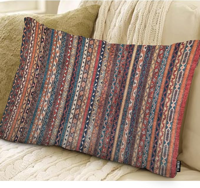 EKOBLA Turkish Carpet Rectangle Pillow Cases Vintage Persian Oriental Waist Lumber Cotton Linen Cushion Cover Oblong Rectangle Pillowcase for Men Women Home Decoration Bedroom 12x20 Inches