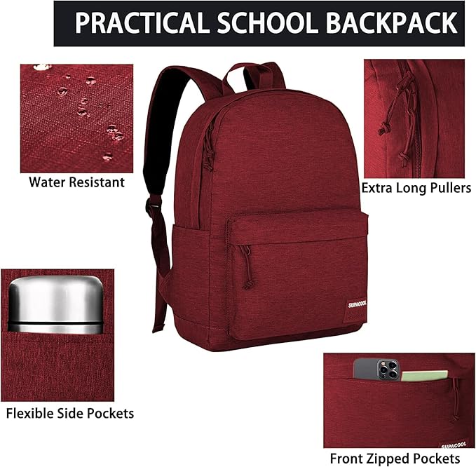 SUPACOOL Casual Laptop Backpack for Men and Women, Pencil Pouch, School Backpack with USB Charging Port, Bookbag for Boys and Girls(Garnet set)