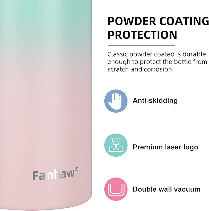 Fanhaw 24 oz Insulated Stainless Steel Water Bottle with Straw Lid, Leakproof & Anti-Dust Sports Bottle for Kids, Women & Men (Green Pink)