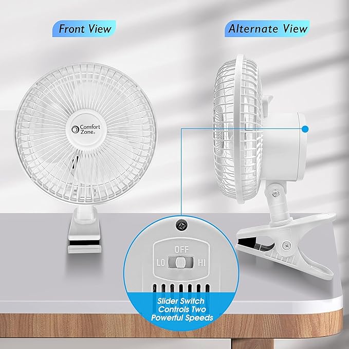 Comfort Zone 6-Inch Corded Clip-On Personal Fan – 2-Speed Quiet Desk Fan with 360° Rotation, Fully Adjustable Tilt & Secure Strong Clamp – Mini Air Circulator for Desks, Bedside & Office