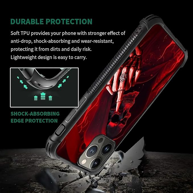 for iPhone 15 Pro Case, Gestures Funny Skull Pattern Graphic Design Girl Boy Soft Silicone Hard Acrylic Shock Protection for iPhone 15 Pro
