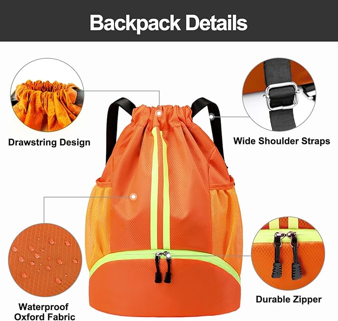 Hoedia Sports Drawstring Backpack - String Swim Gym Bag with Shoes Compartment and Wet Proof Pocket for Women&Men