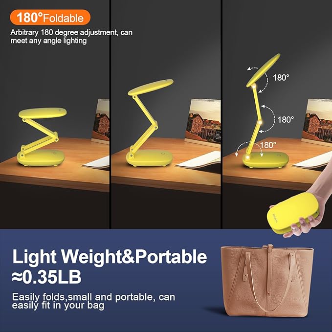 Akejrym LED Desk Lamp for Office Home & Battery Operated Lamp Rechargeable Lamp Foldable & Portable Light, [2-Fold Bracket] 3 Brightness Dimmable Small Desk Lamp Wireless Reading Lamp (Yellow)