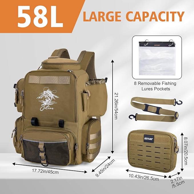 Goture Fishing Backpack, 900D Water-Resistant Tackle Backpack with Rod Holders, 58L Large Storage Gear Fishing Tackle Bag with Detachable Crossbody Bag,8 Lure Pockets,Bottle Holder for Camping Hiking