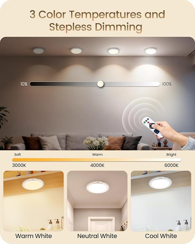 4 Pack Rechargeable Motion Sensor Ceiling Lights with Remote, Wireless Ceiling Light Battery Operated, Magnetic, 3CCT, Dimmable Shower Light, Motion Activated Light for Closet Bathroom Stairs Pantry