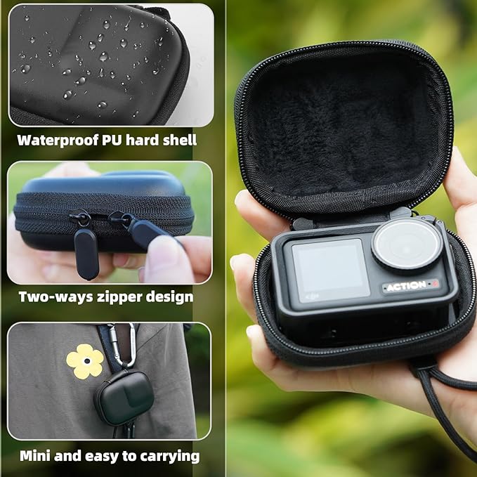 Carrying Case for DJI Osmo Action 5 Pro/6/4/3, Small Storage Bag for GoPro, PU Hard Travel Protector Case for Insta360 Ace/Ace Pro/2 with Wrist Strap & Carabiner Protective Accessories(Black)