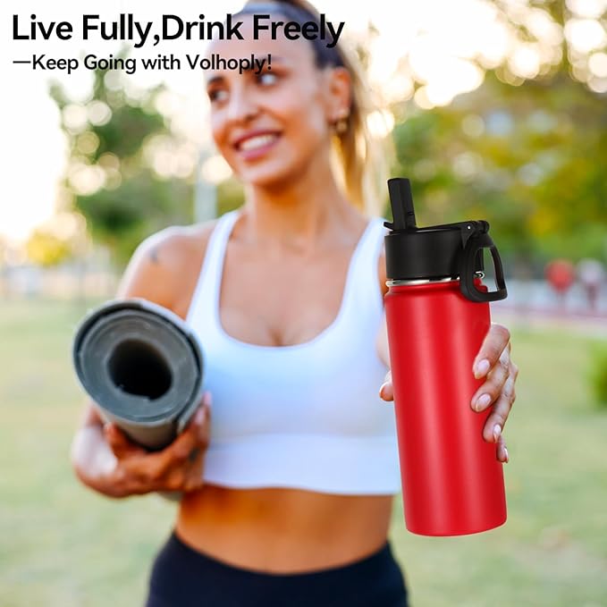 Volhoply 18oz Insulated Water Bottle Bulk 2 Pack,Kids Stainless Steel Water Bottles with Straw,Wide Mouth Reusable Metal Water Bottle,Double Wall Vacuum Sport Flask For Cold Drink(Red,2 Set)