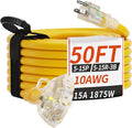 PlugSaf 50 FT 10 Gauge Outdoor Extension Cord with Multiple Outlets Light Indicator, Flexible 3 Outlet Weatherproof Heavy Duty Extension Cord Waterproof Yellow, 15A 1875W 10AWG SJTW, ETL Listed