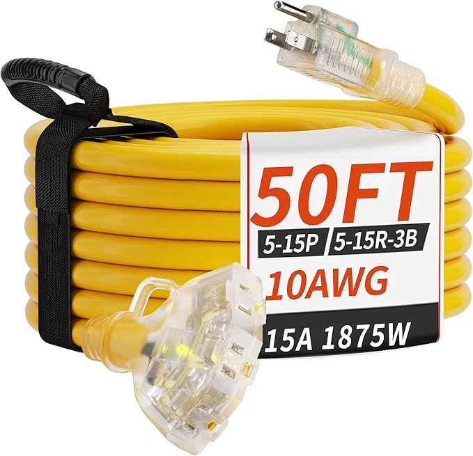 PlugSaf 50 FT 10 Gauge Outdoor Extension Cord with Multiple Outlets Light Indicator, Flexible 3 Outlet Weatherproof Heavy Duty Extension Cord Waterproof Yellow, 15A 1875W 10AWG SJTW, ETL Listed
