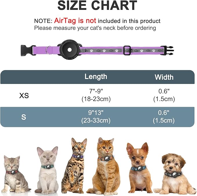 Reflective AirTag Cat Collar, Integrated Cat Tracker Collar with Air Tag Holder and Bell, Safety Elastic Band Cat GPS Collars for Girl Boy Cats, Kittens and Puppies (Lilac,S)