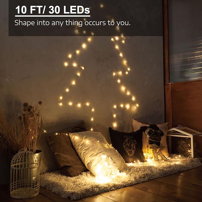 3 Pack Rechargeable Fairy Lights 10ft 30 LED, 4 Modes Battery Copper Wire String Light, Micro Firefly Starry Lighting for Wedding Party Bedroom Decor, Warm White
