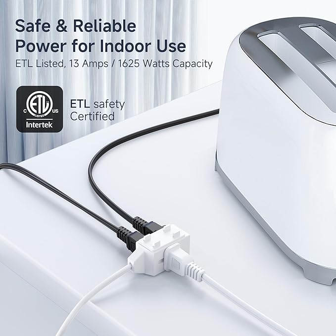 [ETL Listed] Cable Matters 2-Pack 16 AWG 2 Prong Extension Cord 6 ft, 13A 3-Outlet Extension Cords with Tamper Guard, 13 Amp, 1625 Watts, White
