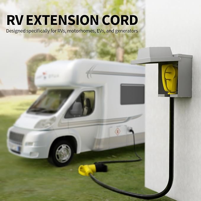 POWGRN 30 Amp RV Extension Cord 50 FT Outdoor with Grip Handle, Flexible Heavy Duty 10/3 Gauge STW 3 Prong RV Power Cord with Cable Organizer, NEMA TT-30P to TT-30R, Black-Yellow, ETL Listed