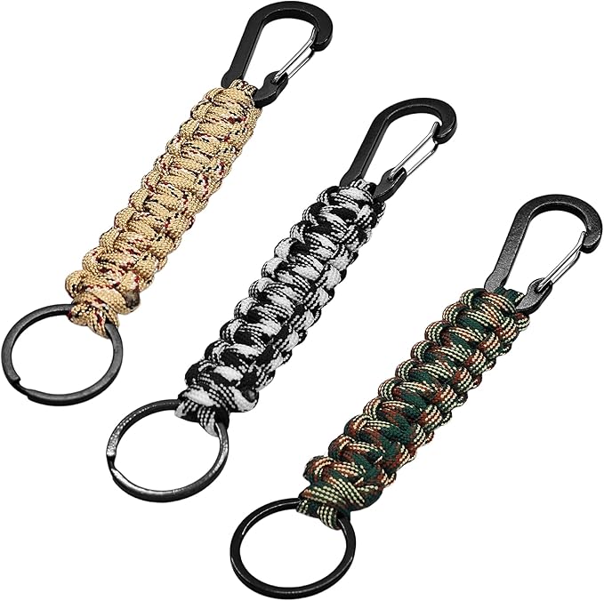 3PCS Paracord Keychain with Carabiner Clip, Braided Rope Key Chain Lanyard, Heavy Duty Paracord Keychain Ring for Men Women Outdoor Camping Hiking Backpack Survival Gear, Camo