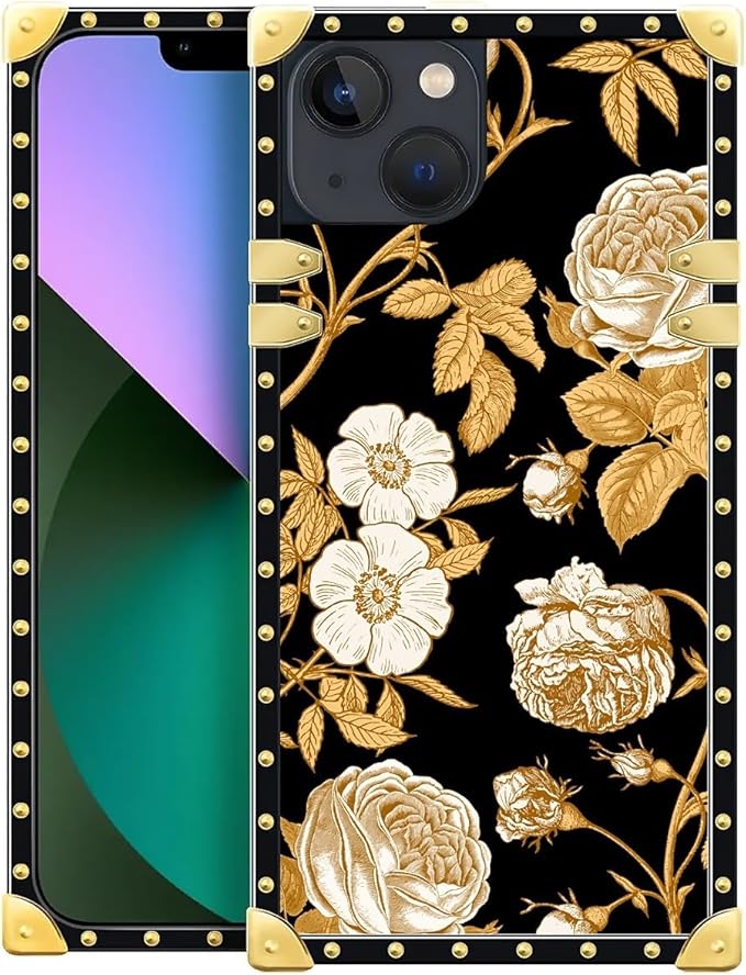Compatible with iPhone 13 Case, Blooming Rose Golden Flower Luxury Golden Decoration for Girl Women Soft TPU Shockproof Protective Hard PC Back for iPhone 13