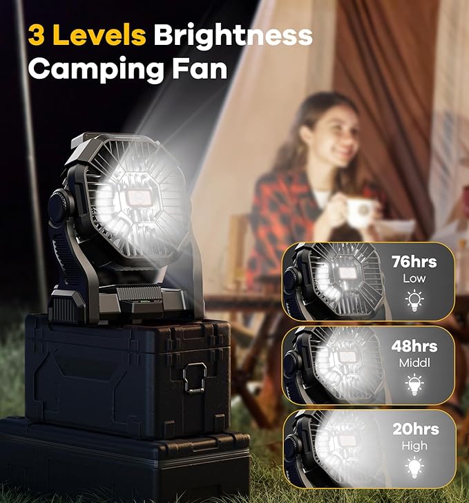 DOWILLDO 30000mAh Portable Battery Powered Camping Fan - with LED Light, Quiet Battery Operated, Camping Gear for Travel, Tent, Beach, Car or Hurricane Power Outages, Black