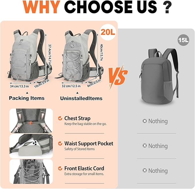 25L Hiking Backpack with Rain Cover Lightweight Hiking Daypack for Travel Camping Outdoors Knapsack for Men Women (Grey)