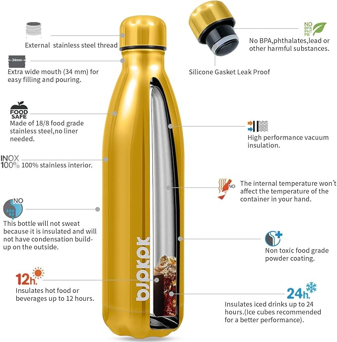 BJPKPK 25oz Insulated Stainless Steel Water Bottle BPA Free, Shining Gold