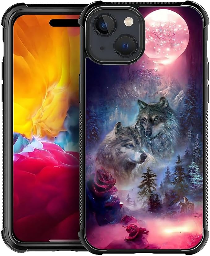 for iPhone 15 Case, Star Two Wolfs Howling Pattern Graphic Design Girl Boy Soft Silicone Hard Acrylic Shock Protection for iPhone 15