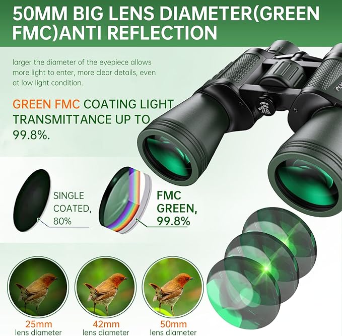 20x50 High Powered Binoculars for Adults, Waterproof Binoculars with Low Light Vision for Bird Watching Hunting Camping Travel Cruise Hiking Sports Stargazing, Gifts for Men Dad