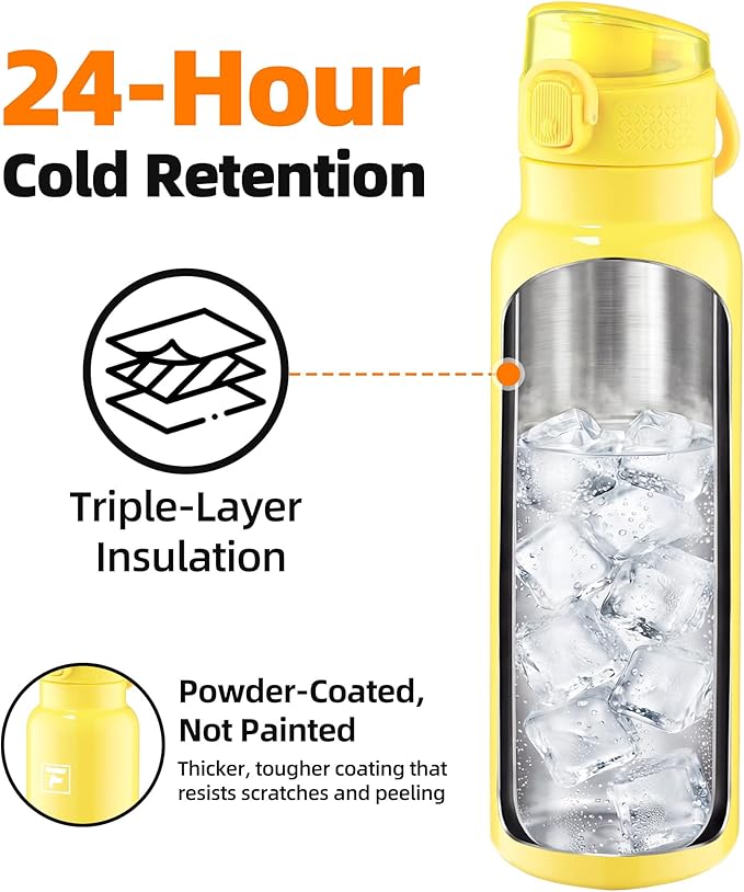 Fanhaw Daylite Series 24 oz Stainless Steel Insulated Water Bottle with Silicone Spout Lid, Double-Wall Vacuum Leakproof Metal Bottle, Anniversary Birthday Gift for Kids, Women & Men (Bright Yellow)