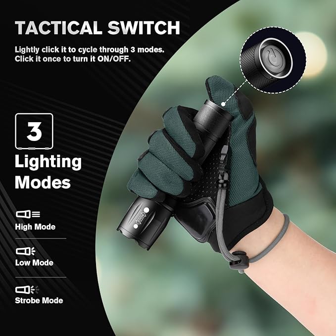 RECHOO LED Flashlight 2 Pack, Tactical Flashlights High Lumens with 3 Modes, Pocket Small Flash Light, Waterproof Zoomable Flashlights for Home Emergency, Camping Essentials (Battery Included)