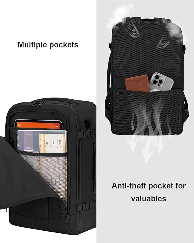 ECOHUB 17'' Small Travel Backpack, United Airlines Personal Item Bag 16.7"x10"x8" with 13 Pockets Carry on Backpack with USB Port Luggage Sleeve Travel Essentials for Men Women Water Resistant, Black