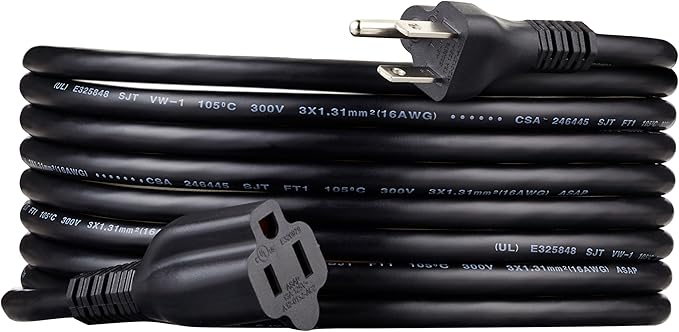 Amazon Basics Extension Cord, 15 Ft, 3-Prong Outlet Extender, Indoor, 13 Amps, 125V, Black