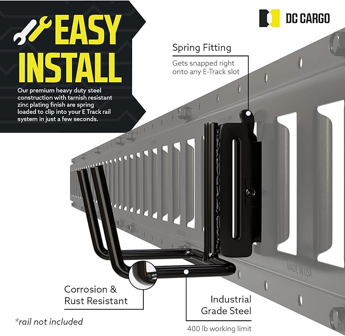 DC Cargo Mall Dual Arm Tool Hook Hanger E Track Accessories 3" Deep (2 Pack) - Garage Wall Mount, Truck, Enclosed Trailer, Storage System