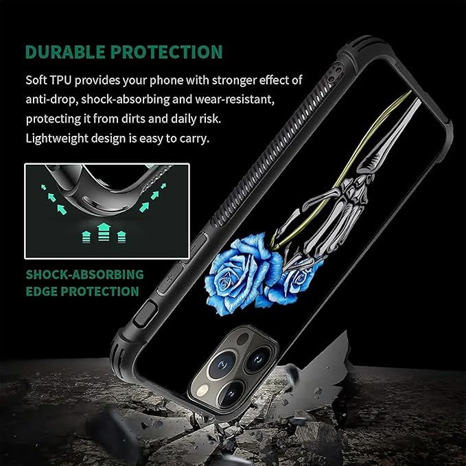 for iPhone 16 Pro Case, Skeleton Holding Blue Rose Pattern Graphic Design Girl Boy Soft Silicone Hard Acrylic Shock Protection for iPhone 16 Pro