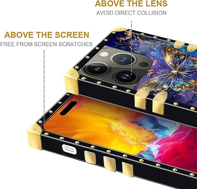 Compatible with iPhone 15 Pro Case, Glistening Golden Butterfly Vibrant Purple Blue Luxury Golden Decoration for Girl Women Soft TPU Shockproof Protective Hard PC Back