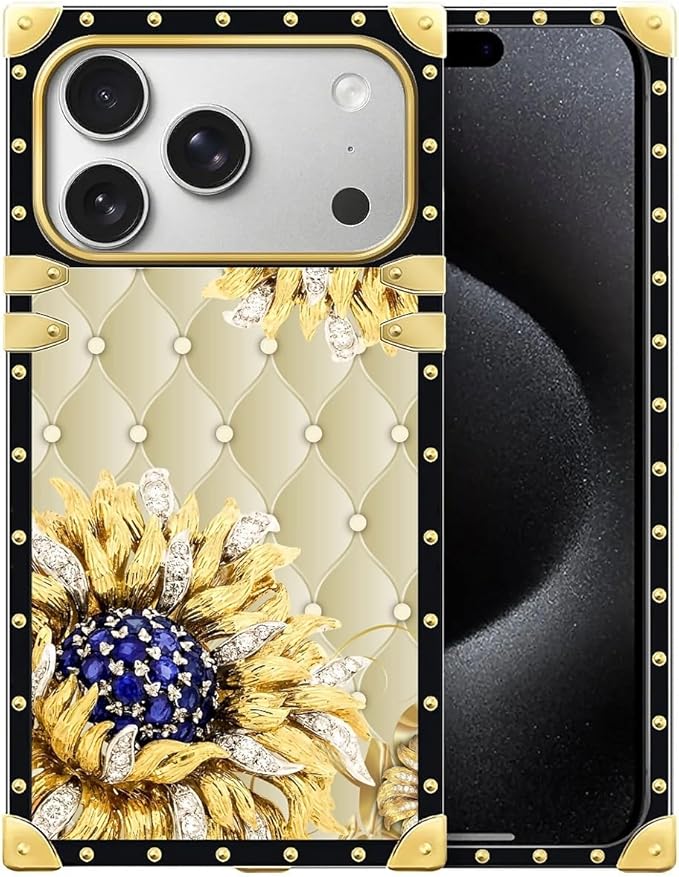 for iPhone 17 Pro Case Luxury Golden Decoration for Girl Women Soft TPU Shockproof Protective Hard PC Back for iPhone 17 Pro Crazy Pattern Sunflower Diamonds Leather