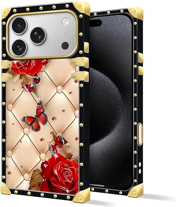 For iPhone 17 Pro Max Case Luxury Golden Decoration For Girl Women Soft TPU Shockproof Protective Hard PC Back For iPhone 17 Pro Max Crazy Pattern Shining Red Rose Butterfly Leather Background