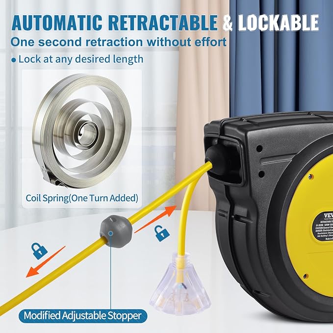 VEVOR Retractable Extension Cord Reel, 65 FT, Heavy Duty 12AWG/3C SJTOW Retractable Power Cord with Lighted Triple Tap Outlet, 15 Amp Circuit Breaker 180° Swivel Bracket for Ceiling or Wall Mount