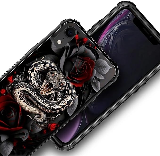 for iPhone XR Case, Entwined Rose Snake Pattern Graphic Design Girl Boy Soft Silicone Hard Acrylic Shock Protection for iPhone XR