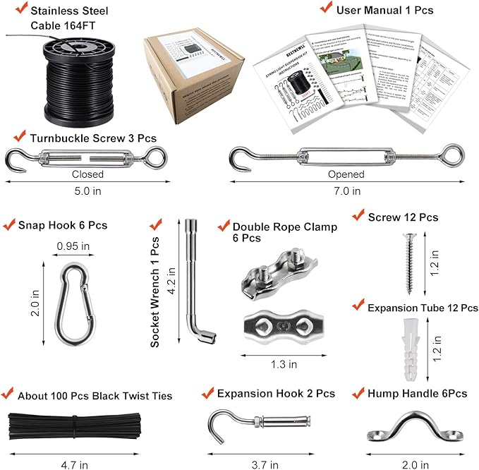 String Lights Hanging Kit,Globe String Lights Suspension Kit,Outdoor Light Guide Wire,Includ 164 FT Nylon-Coated Stainless Steel Wire Rope Cable,Turnbuckle and Hooks,Enough Accessories,Use Manual