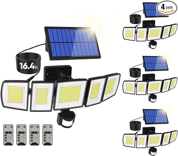 Solar Motion Lights Outdoor - With 16.4ft Cable, 3000LM LED Security Lights for Outside Dusk to Dawn, 2400mAh IP65 Waterproof Flood Lights with Remote for Court Yard Garage Front Door (Classic, 4)
