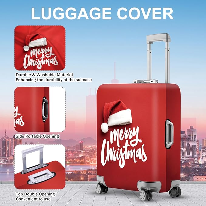 ANNA QUEEN Merry Christmas Luggage Cover, Santa Hat Holiday Design Suitcase Protector, Stretchable Washable Travel Sleeve for 20-22 Inch Luggage