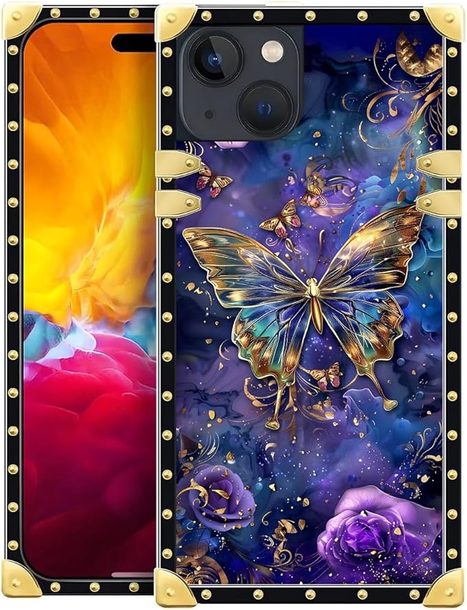 Compatible with iPhone 15 Case, Glistening Golden Butterfly Vibrant Purple Blue Luxury Golden Decoration for Girl Women Soft TPU Shockproof Protective Hard PC Back for iPhone 15