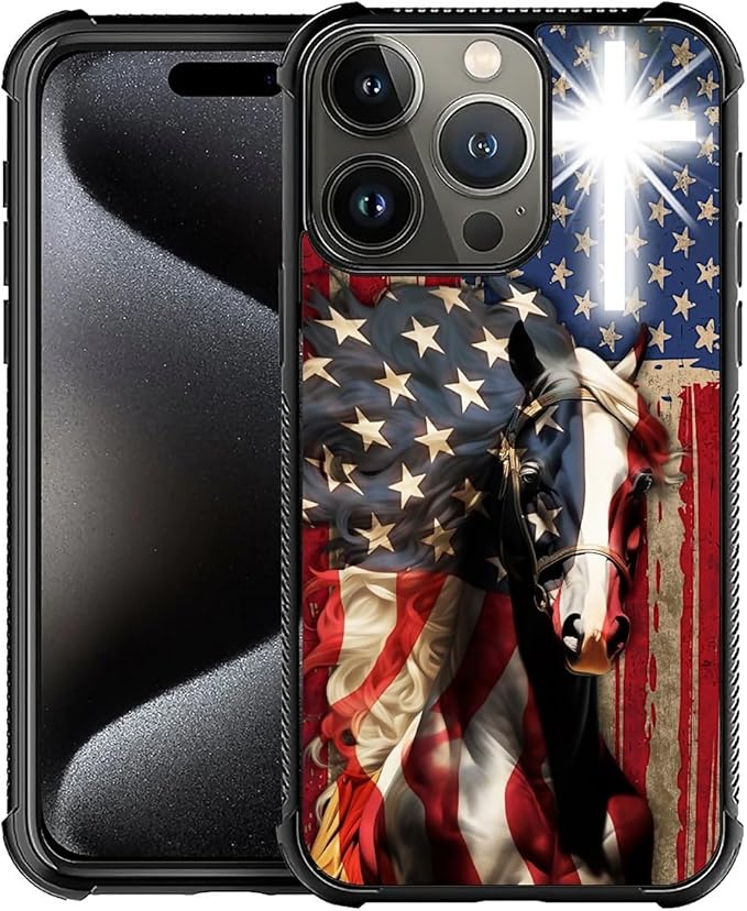 for iPhone 16 Pro Case, Red American Flag Horse Cross Pattern Graphic Design Girl Boy Soft Silicone Hard Acrylic Shock Protection for iPhone 16 Pro