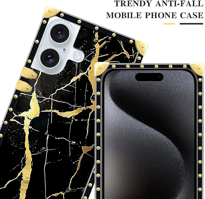 Compatible with iPhone 16 Plus Case, Black Gold Marble Nature Luxury Golden Decoration for Girl Women Soft TPU Shockproof Protective Hard PC Back