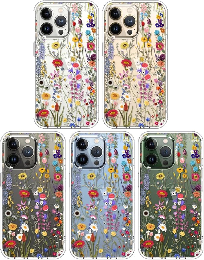 MOSNOVO Case for iPhone 13 Pro, [Buffertech 6.6ft Military-Grade Drop Protection] [Anti Peel Off Tech] Clear TPU Bumper Phone Case Cover Design - Wildflower Meadow