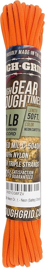 TOUGH-GRID 550 Paracord, Type III Mil-Spec Nylon Rope - 50 Ft Neon Orange Tactical Survival Cord