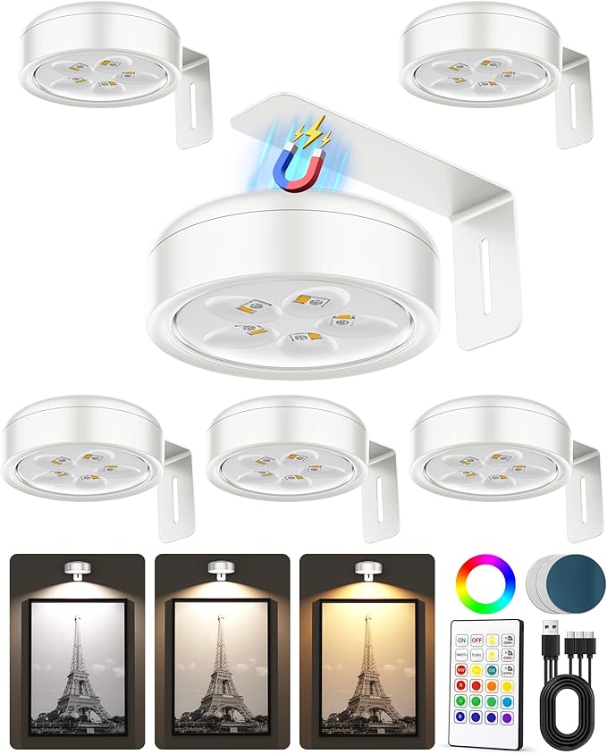 Picture Lights for Wall,Wireless 2000mAh Rechargeable Magnetic LED Puck Lights with Remote,3 Color Temps and 12 RGB,Dimming & Timer,Art Frame Light for Painting Display,Photos,Wall Decor(6 Pack)