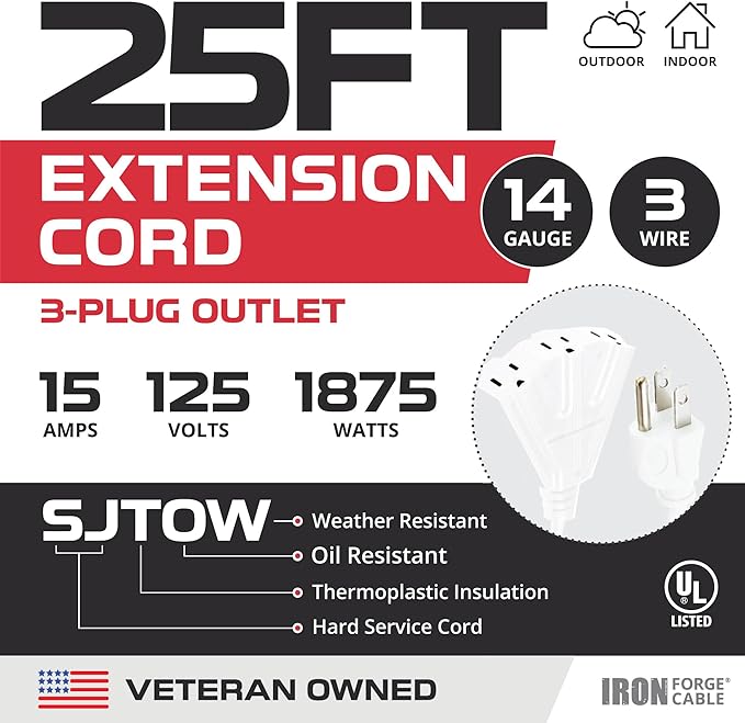 Iron Forge Cable 25ft White Outdoor Extension Cord with 3 Outlets - 14/3 SJTOW Oirl Resistant 15 Amp 25ft Extension Cord 3 Prong - Multiple Outlets