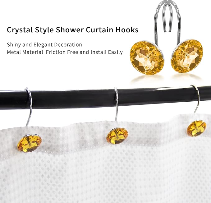 MitoVilla Yellow Shower Curtain Hooks Rings, Gold Metal Shower Hooks for Fall Shower Curtain or Liner, Shower Rings for Curtain Accessories and Bathroom Shower Rod, 12 Pack Set